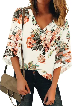 luvamia Women's Casual V Neck Blouse 3/4 Bell Sleeve Mesh Panel Shirts Loose Top