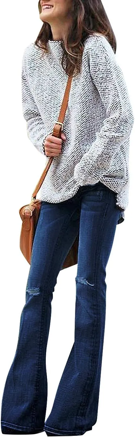 luvamia Women's Ripped Flare Bell Bottom Jeans Pants Retro Wide Leg Denim Pants
