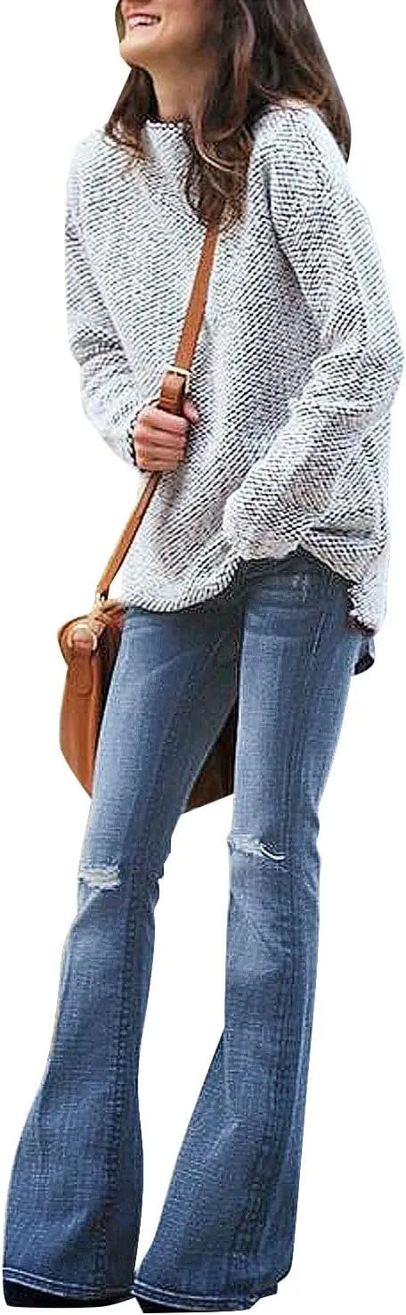 luvamia Women's Ripped Flare Bell Bottom Jeans Pants Retro Wide Leg Denim Pants