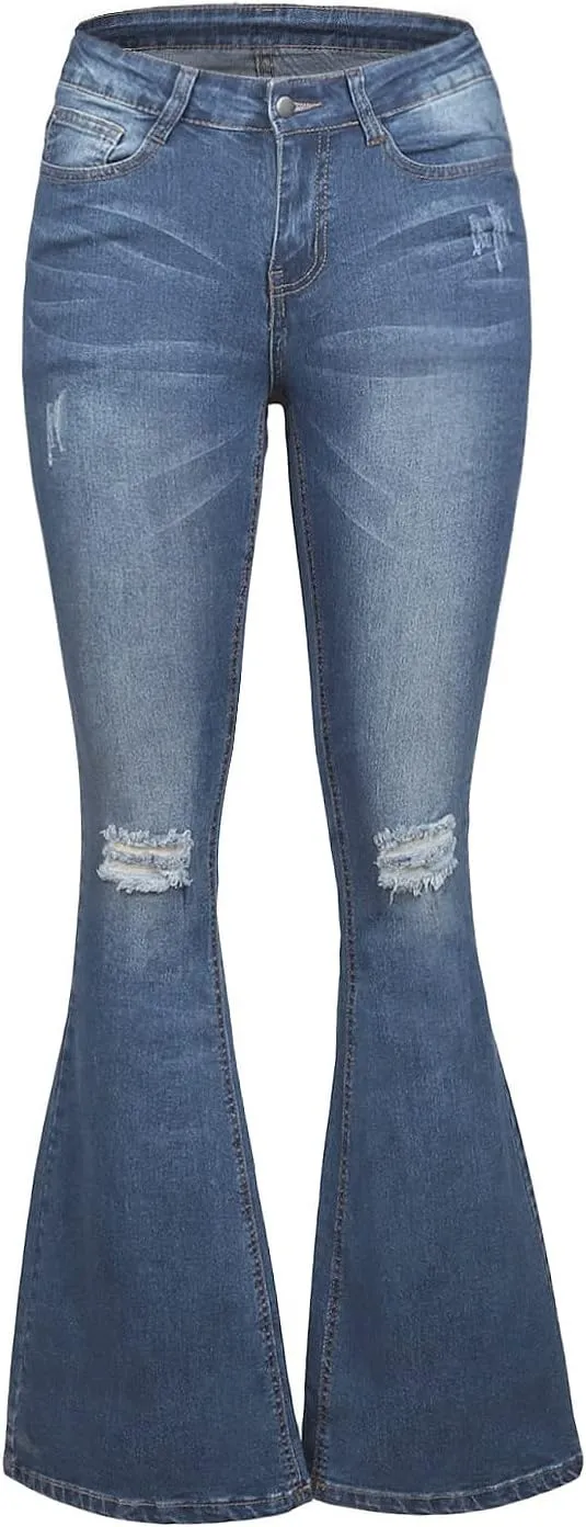 luvamia Women's Ripped Flare Bell Bottom Jeans Pants Retro Wide Leg Denim Pants