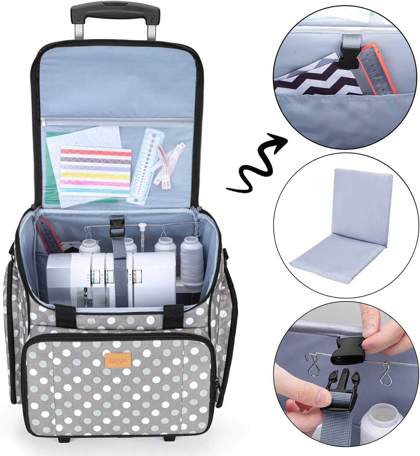 LUXJA Serger Case with Detachable Dolly, Bag with Removable Padding Pad (Fit for Most Standard Machines), Gray Dots