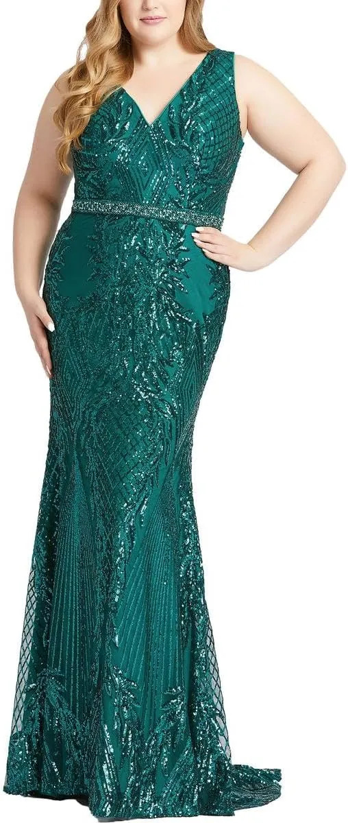 Mac Duggal Womens Plus Sequined Long Evening Dress
