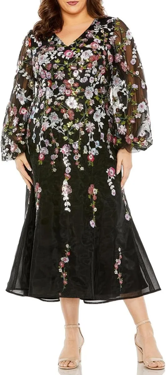 Mac Duggal Womens Plus Sequined Mesh Evening Dress