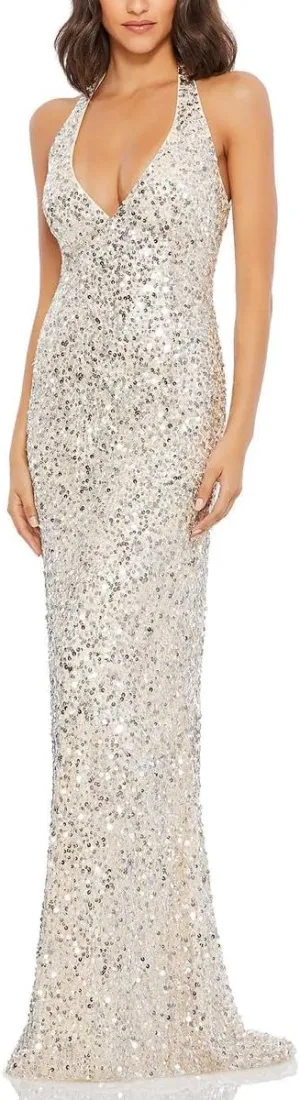 Mac Duggal Womens Sequined Halter Evening Dress