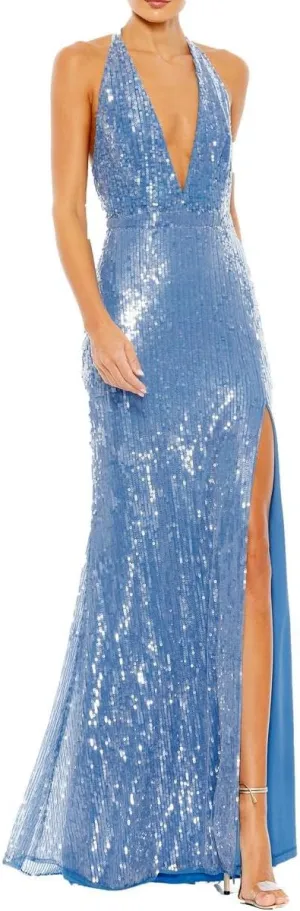 Mac Duggal Womens Sequined Halter Evening Dress