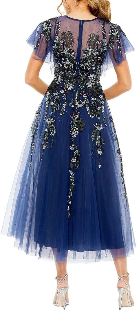 Mac Duggal Womens Sequined Tulle Evening Dress