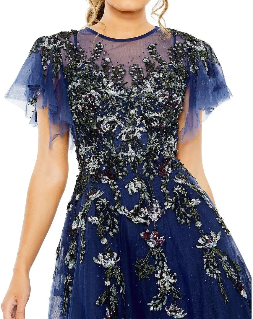 Mac Duggal Womens Sequined Tulle Evening Dress