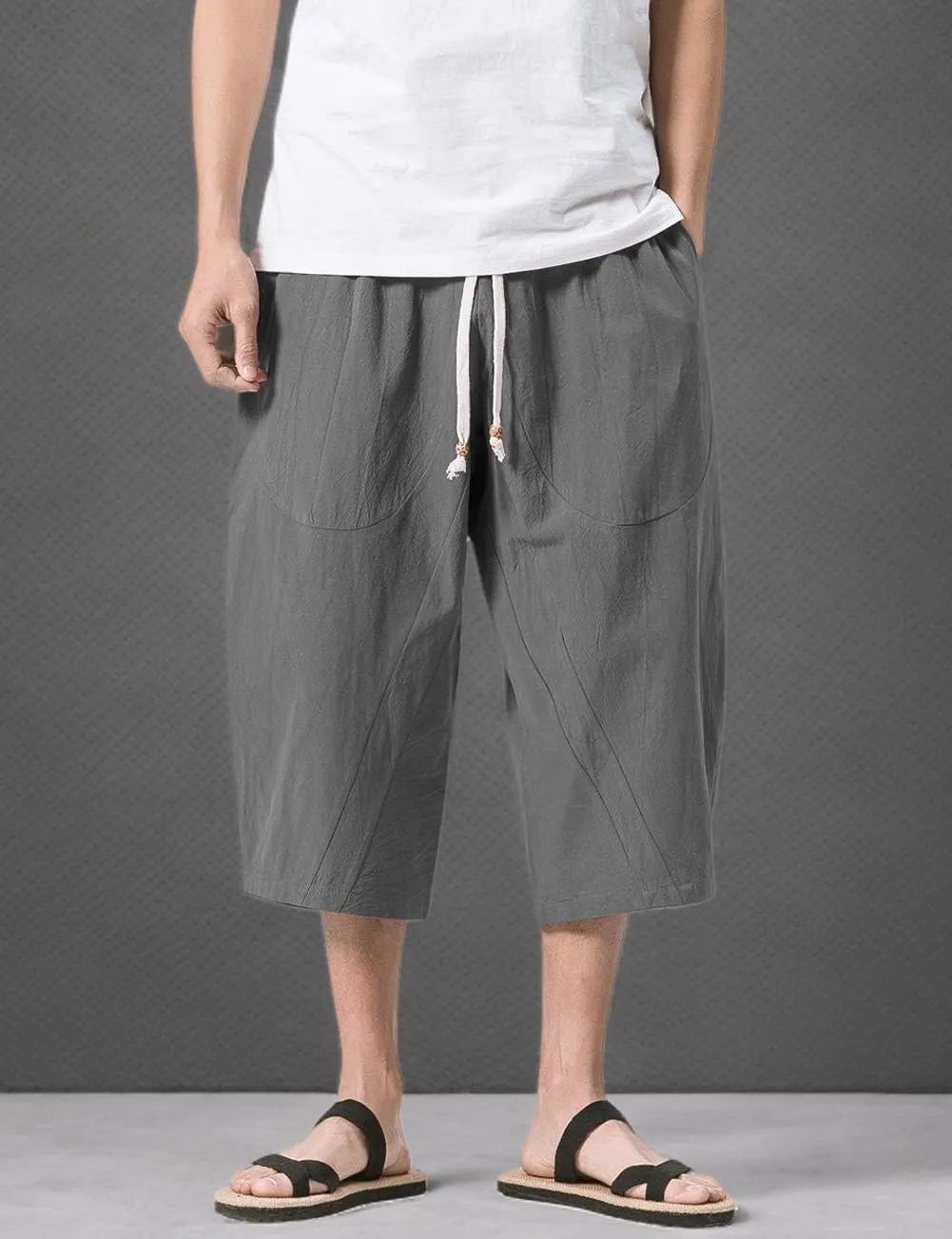 MAGNIVIT Men's Linen Cotton Capri Pants Loose Fit Elastic Waist Wide Leg Baggy Harem Pants