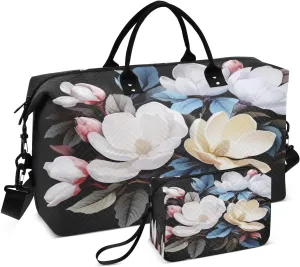 Magnolia Flower Sports Gym Bag for Women Men Travel Duffel Bag Weekend Overnight Carry on Bag with Toiletry Bag Air Travel Bag for Yoga Workout Swimming Hospital Plane