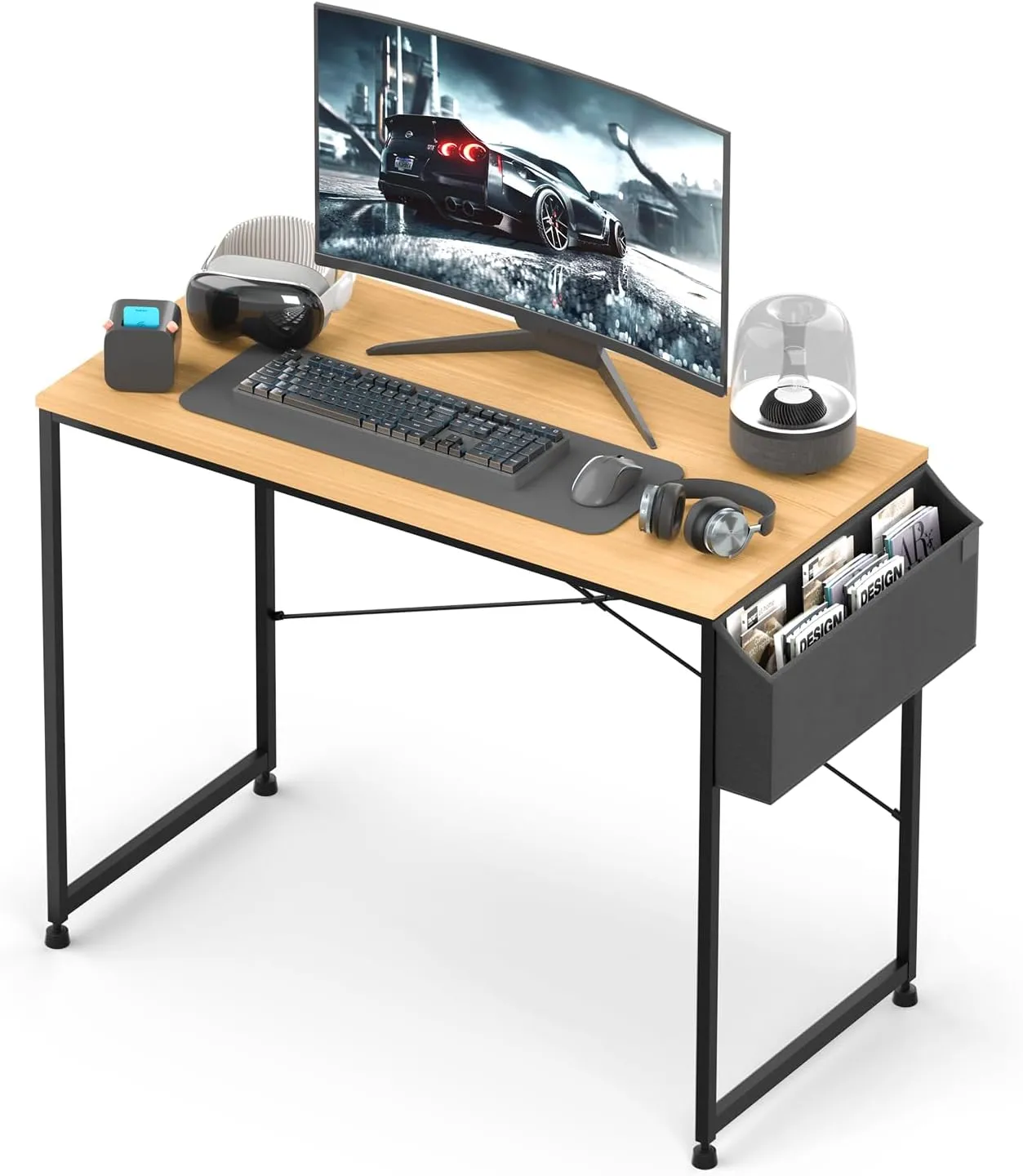 Magshion 40-Inch Computer Desk, Home Office Writing Study Desk with Storage Bag, Modern Simple Laptop Table, Light Brown