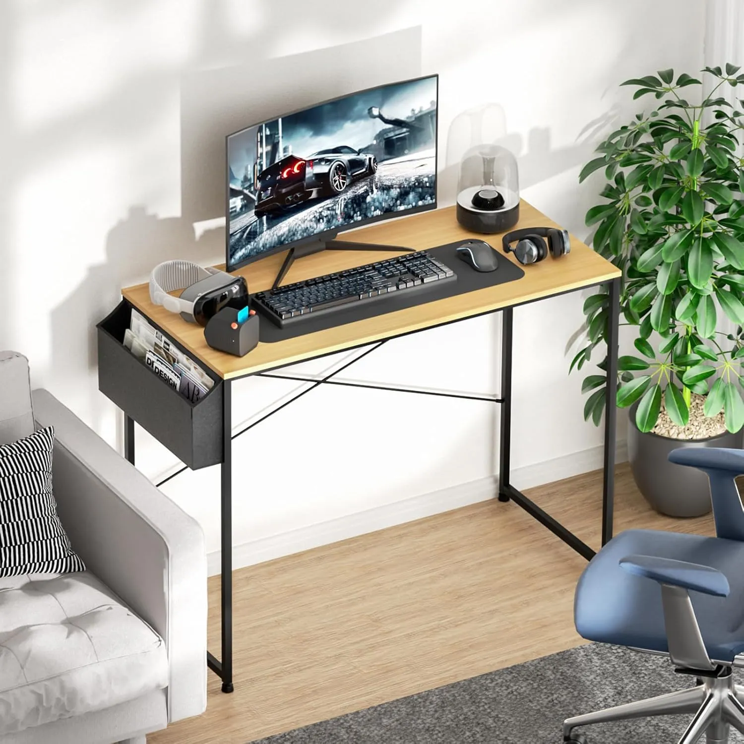 Magshion 40-Inch Computer Desk, Home Office Writing Study Desk with Storage Bag, Modern Simple Laptop Table, Light Brown