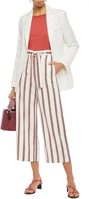 Maje Womens Pomala Cropped Belted Striped Twill Wide Leg Pants 2 Ivory