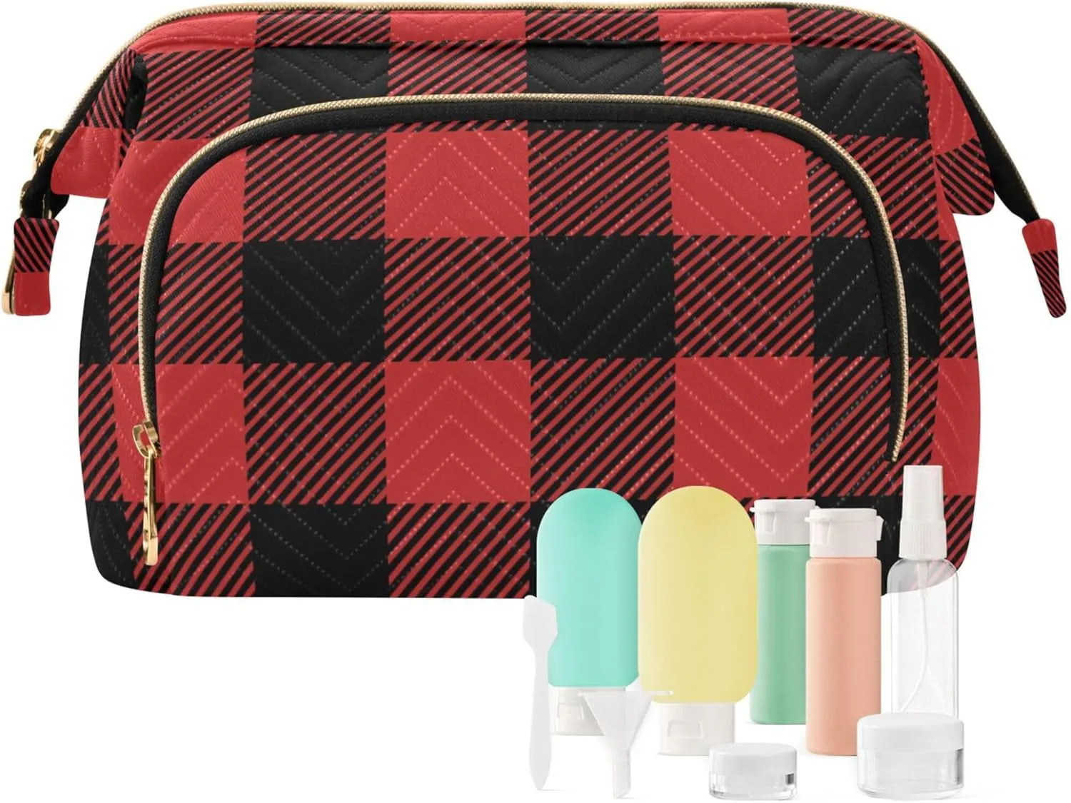 Makeup Bag Cosmetic Bag, Plaid Textile Lumberjack Large Capacity Travel Pouch Makeup Case Organizer for Women Toiletry Bag with Zipper for Ladies Girls