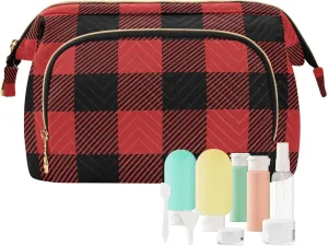 Makeup Bag Cosmetic Bag, Plaid Textile Lumberjack Large Capacity Travel Pouch Makeup Case Organizer for Women Toiletry Bag with Zipper for Ladies Girls