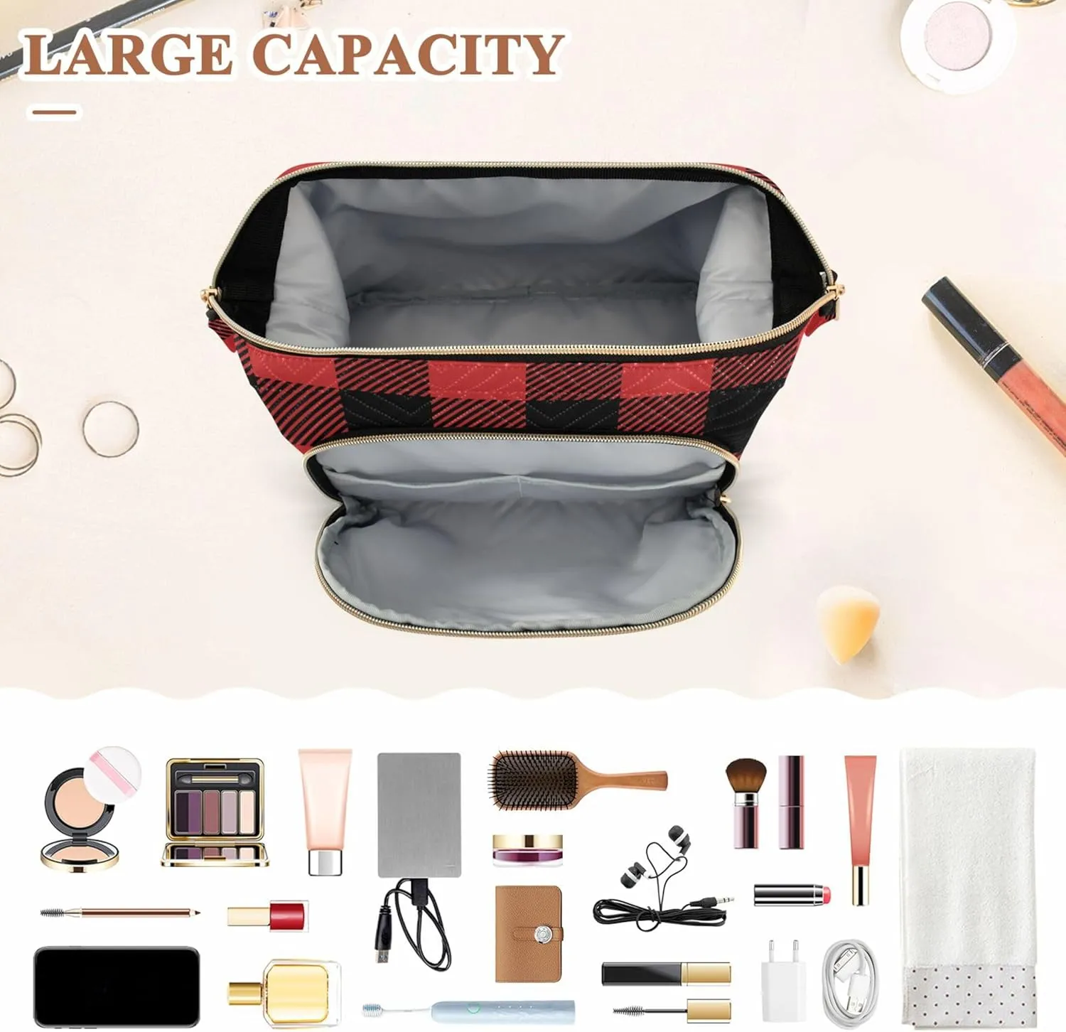 Makeup Bag Cosmetic Bag, Plaid Textile Lumberjack Large Capacity Travel Pouch Makeup Case Organizer for Women Toiletry Bag with Zipper for Ladies Girls