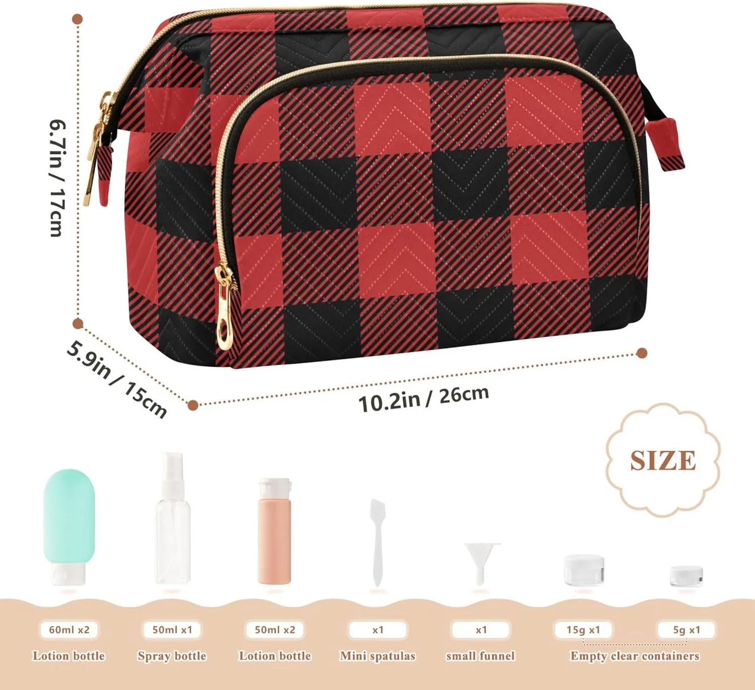 Makeup Bag Cosmetic Bag, Plaid Textile Lumberjack Large Capacity Travel Pouch Makeup Case Organizer for Women Toiletry Bag with Zipper for Ladies Girls