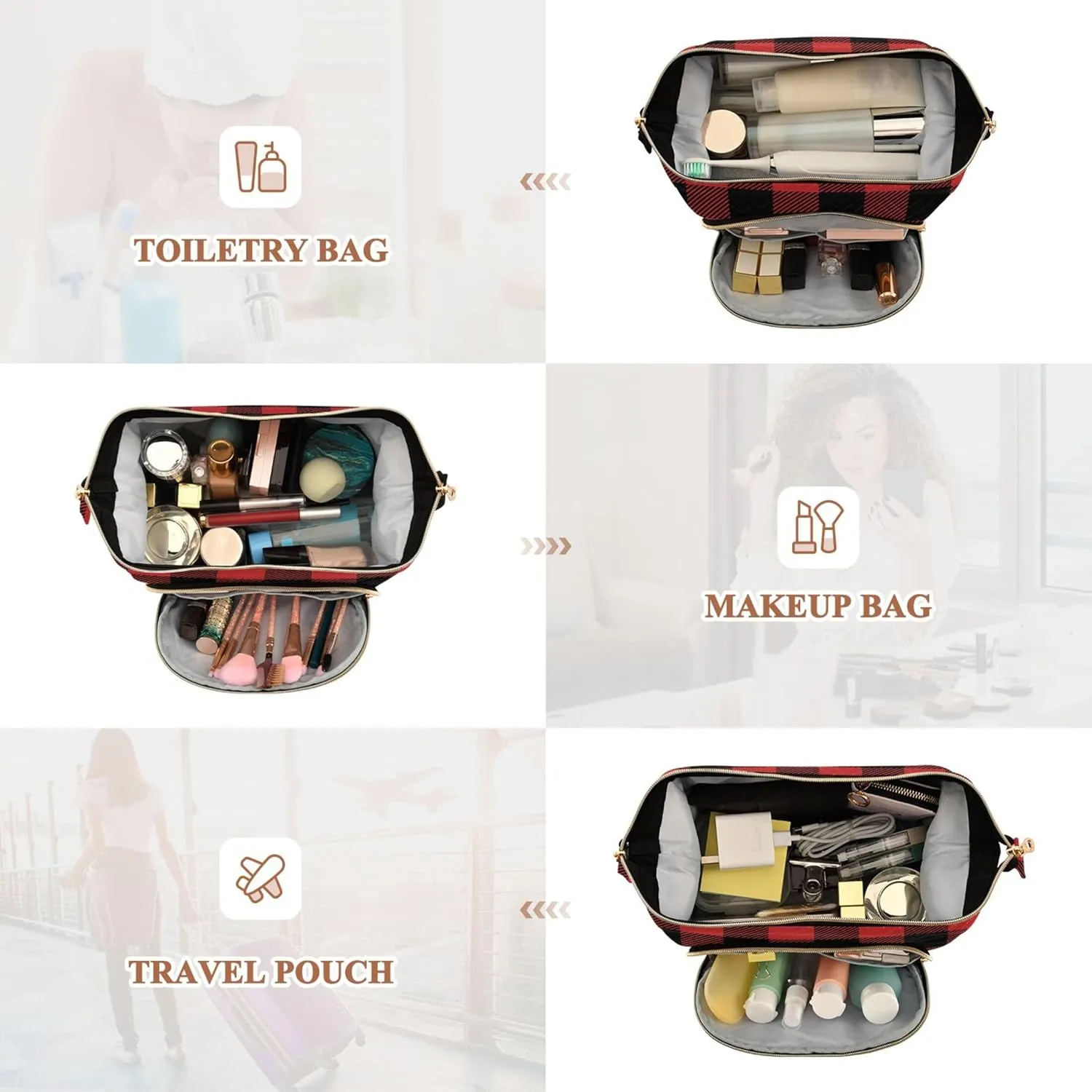 Makeup Bag Cosmetic Bag, Plaid Textile Lumberjack Large Capacity Travel Pouch Makeup Case Organizer for Women Toiletry Bag with Zipper for Ladies Girls