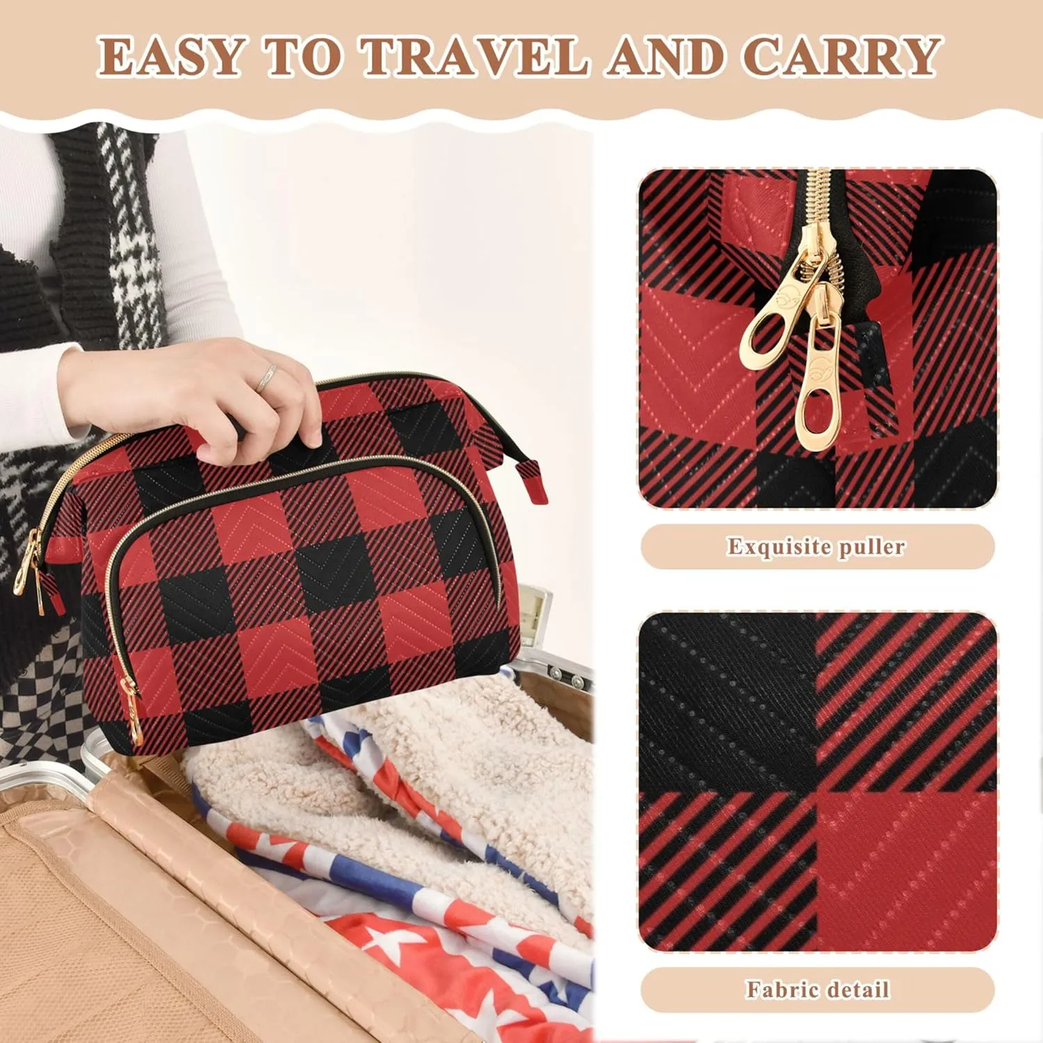 Makeup Bag Cosmetic Bag, Plaid Textile Lumberjack Large Capacity Travel Pouch Makeup Case Organizer for Women Toiletry Bag with Zipper for Ladies Girls