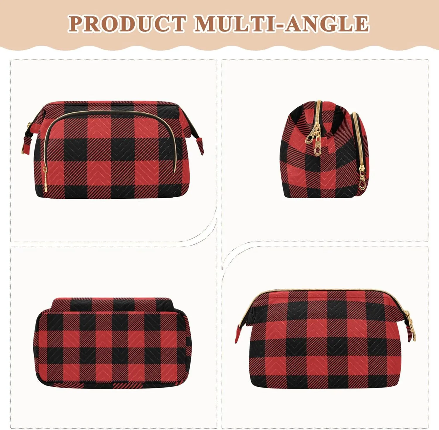 Makeup Bag Cosmetic Bag, Plaid Textile Lumberjack Large Capacity Travel Pouch Makeup Case Organizer for Women Toiletry Bag with Zipper for Ladies Girls