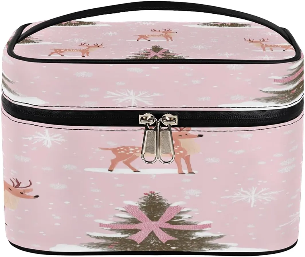 Makeup Bag Pink Christmas Tree Elk, Large Capacity Travel Toiletry Bag for Women with Handle and Elastic Fixed Rope Portable Makeup Bag Organizer