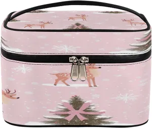 Makeup Bag Pink Christmas Tree Elk, Large Capacity Travel Toiletry Bag for Women with Handle and Elastic Fixed Rope Portable Makeup Bag Organizer