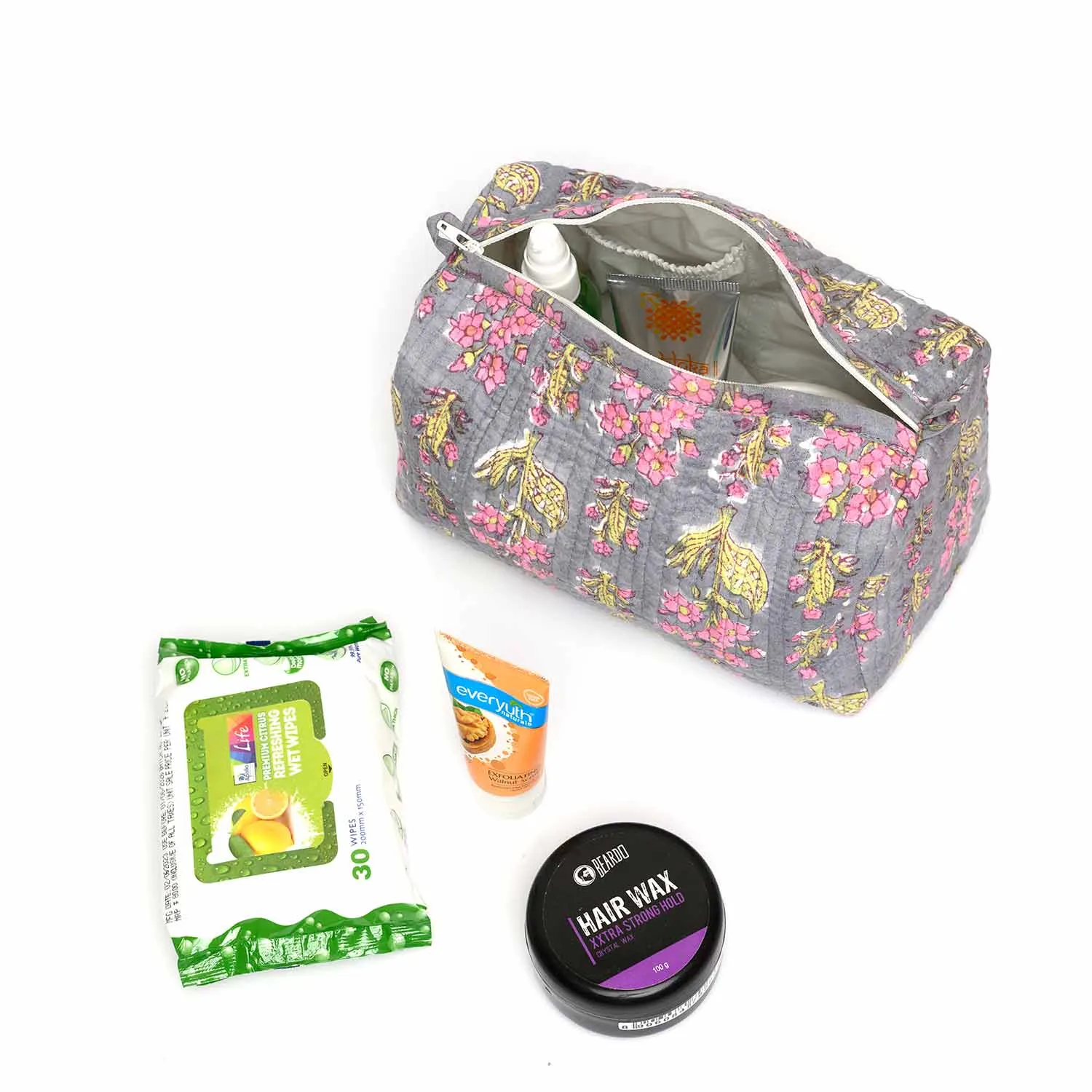 MANDEVILLA GREY PINK PRINT QUILTED TOILETRY POUCH