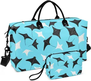 Manta Ray Cartoon Sports Gym Bag for Women Men Travel Duffel Bag Weekend Overnight Carry on Bag with Toiletry Bag Workout Dance Bag for Plane Hospital Workout Swimming Yoga