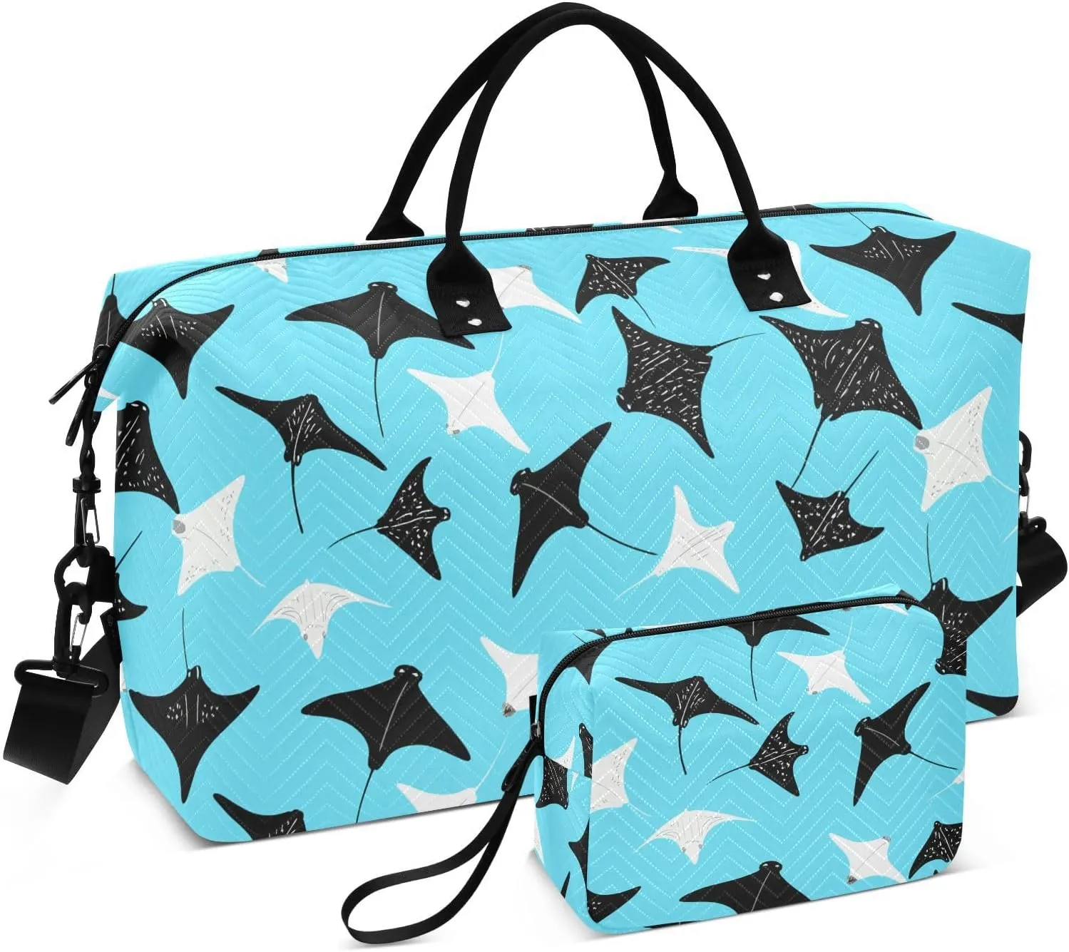 Manta Ray Cartoon Sports Gym Bag for Women Men Travel Duffel Bag Weekend Overnight Carry on Bag with Toiletry Bag Workout Dance Bag for Plane Hospital Workout Swimming Yoga