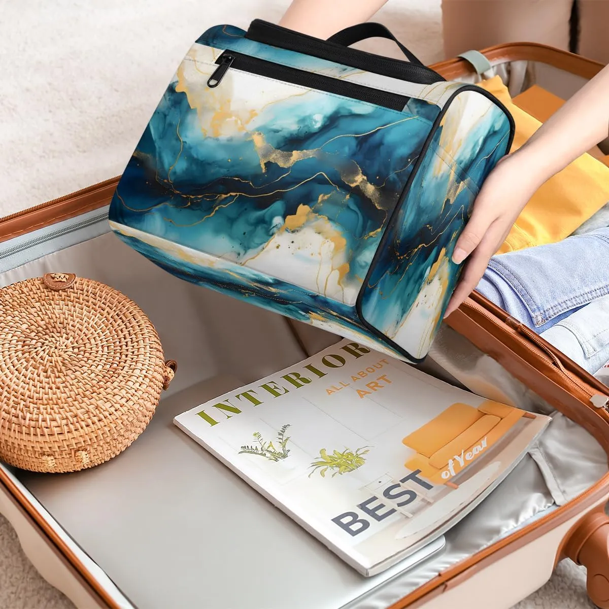 Marble Blue Gold Travel Toiletry Bag for Men and Women, Large Hanging Makeup Bag Organizer Toiletries Bag for Travel, Cosmetic Bag with Handle