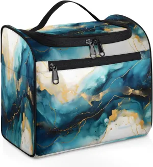 Marble Blue Gold Travel Toiletry Bag for Men and Women, Large Hanging Makeup Bag Organizer Toiletries Bag for Travel, Cosmetic Bag with Handle