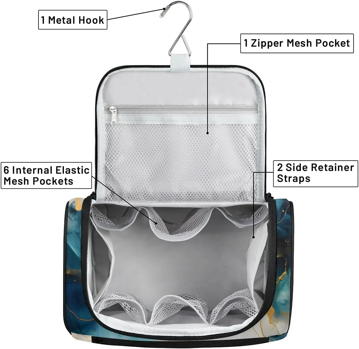 Marble Blue Gold Travel Toiletry Bag for Men and Women, Large Hanging Makeup Bag Organizer Toiletries Bag for Travel, Cosmetic Bag with Handle