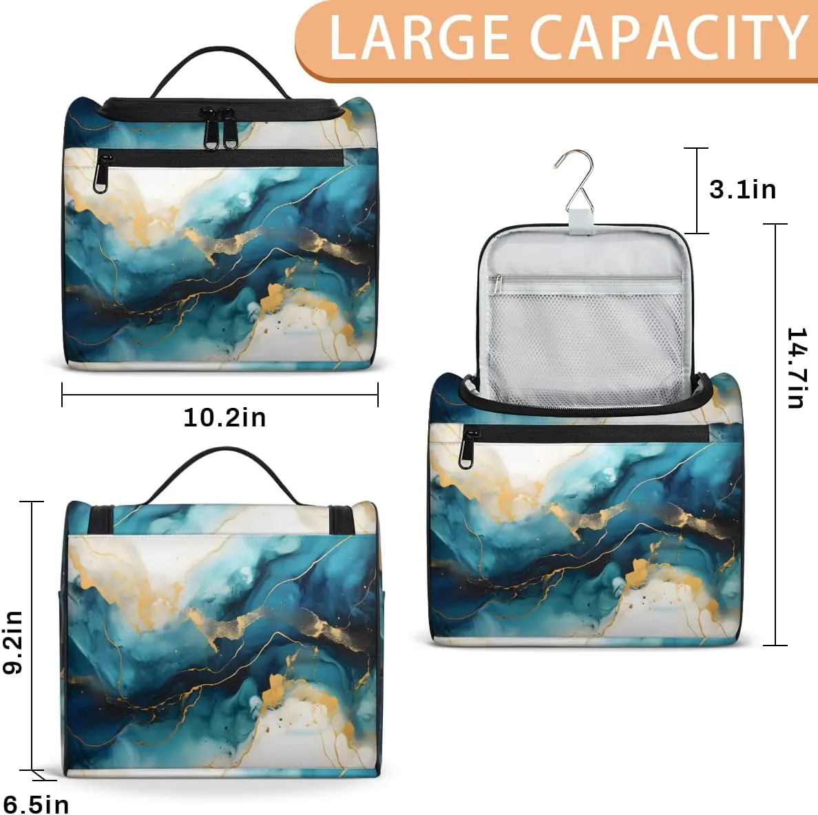 Marble Blue Gold Travel Toiletry Bag for Men and Women, Large Hanging Makeup Bag Organizer Toiletries Bag for Travel, Cosmetic Bag with Handle