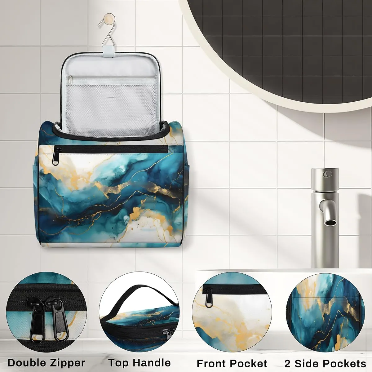 Marble Blue Gold Travel Toiletry Bag for Men and Women, Large Hanging Makeup Bag Organizer Toiletries Bag for Travel, Cosmetic Bag with Handle