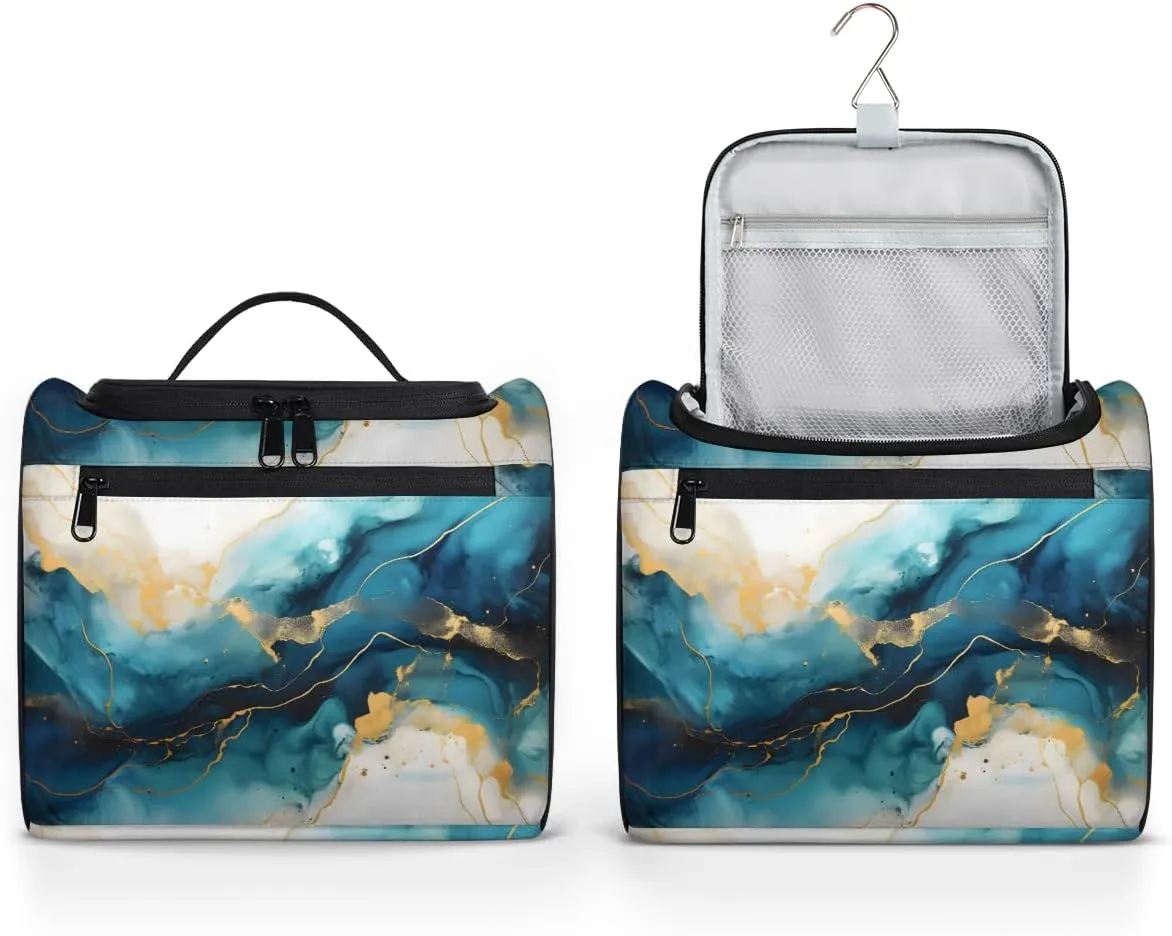 Marble Blue Gold Travel Toiletry Bag for Men and Women, Large Hanging Makeup Bag Organizer Toiletries Bag for Travel, Cosmetic Bag with Handle