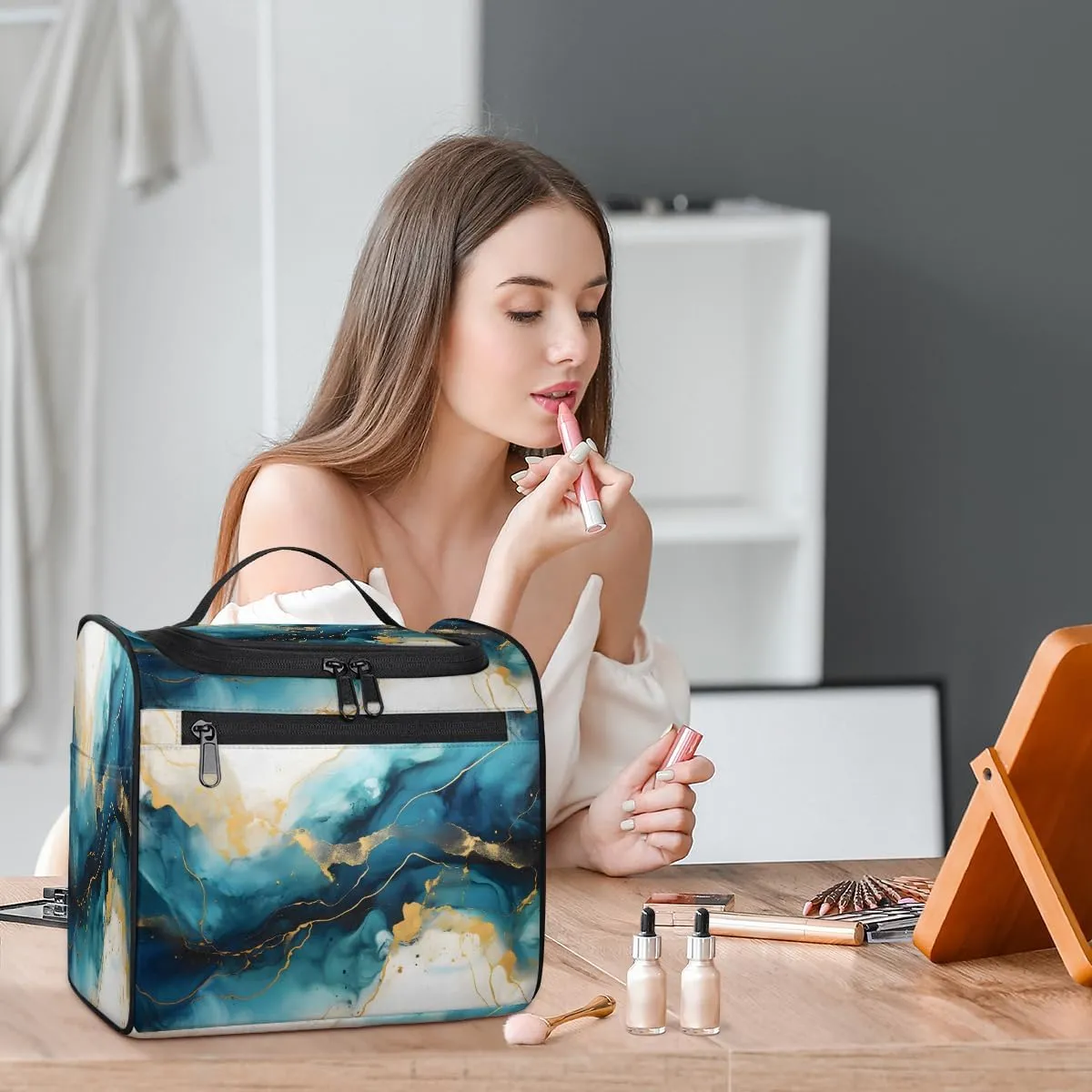 Marble Blue Gold Travel Toiletry Bag for Men and Women, Large Hanging Makeup Bag Organizer Toiletries Bag for Travel, Cosmetic Bag with Handle