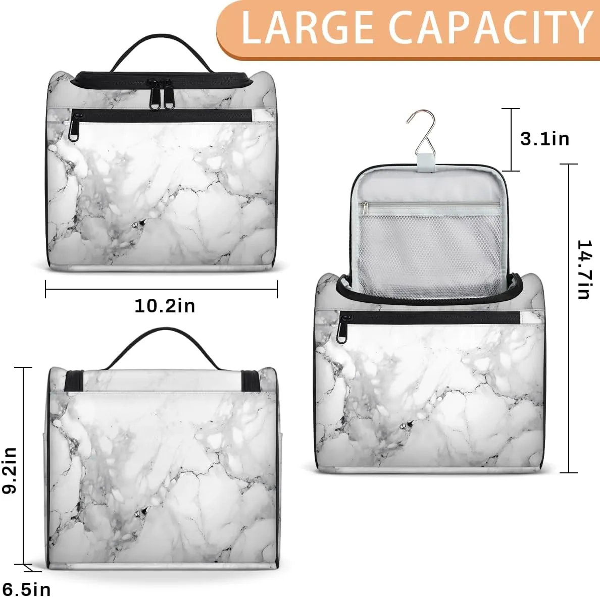 Marble Gray Travel Toiletry Bag for Men and Women, Large Hanging Makeup Bag Organizer Toiletries Bag for Travel, Cosmetic Bag with Handle