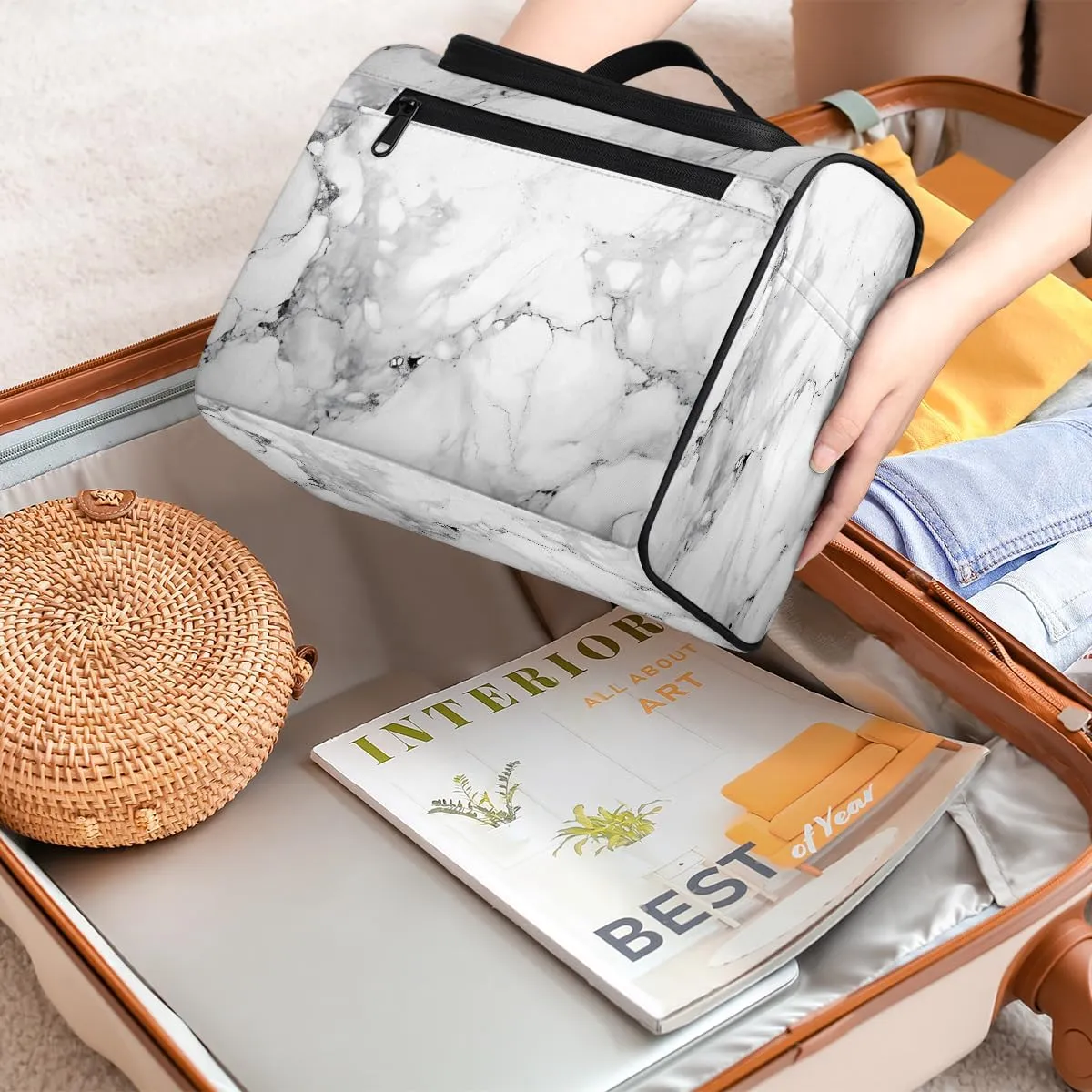 Marble Gray Travel Toiletry Bag for Men and Women, Large Hanging Makeup Bag Organizer Toiletries Bag for Travel, Cosmetic Bag with Handle