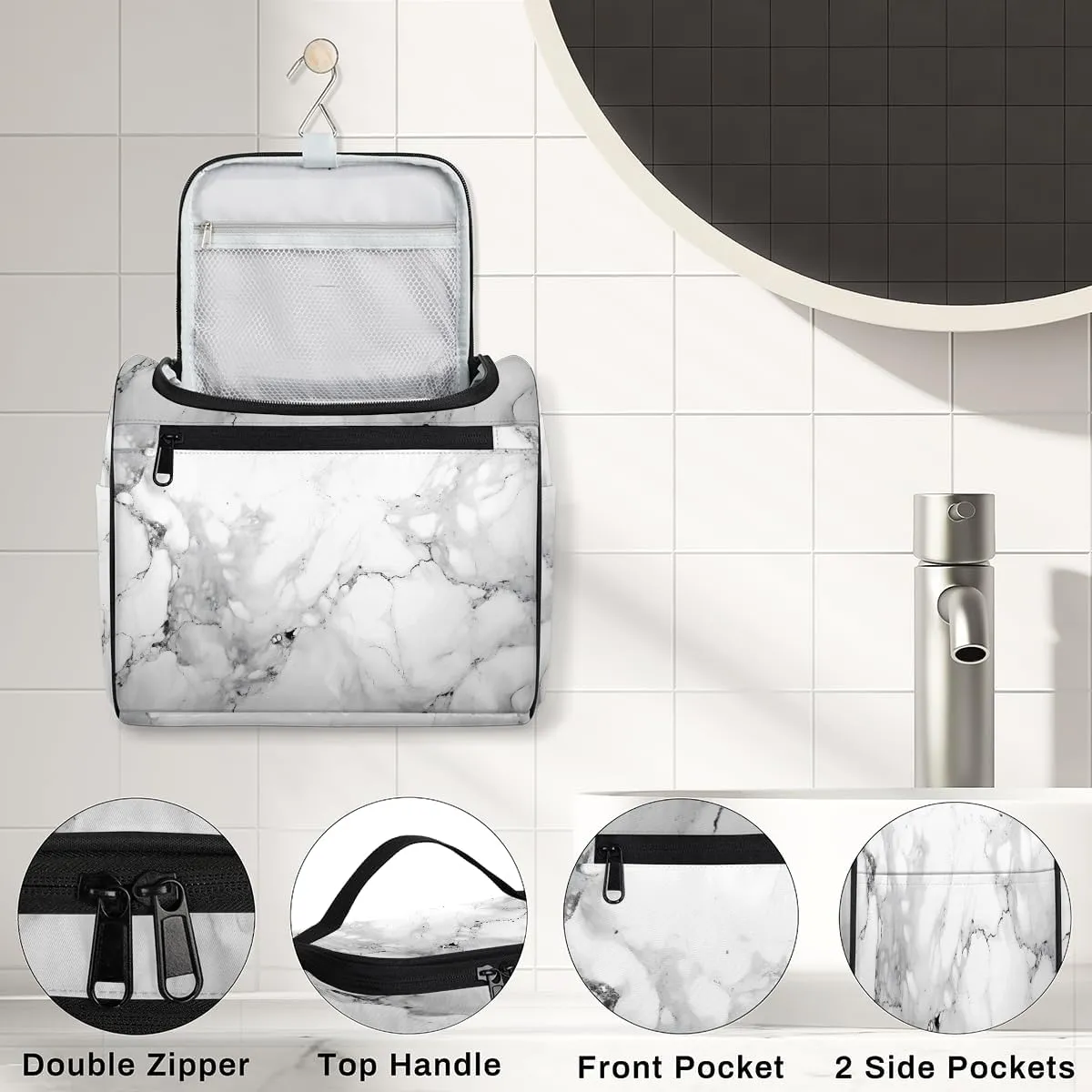 Marble Gray Travel Toiletry Bag for Men and Women, Large Hanging Makeup Bag Organizer Toiletries Bag for Travel, Cosmetic Bag with Handle