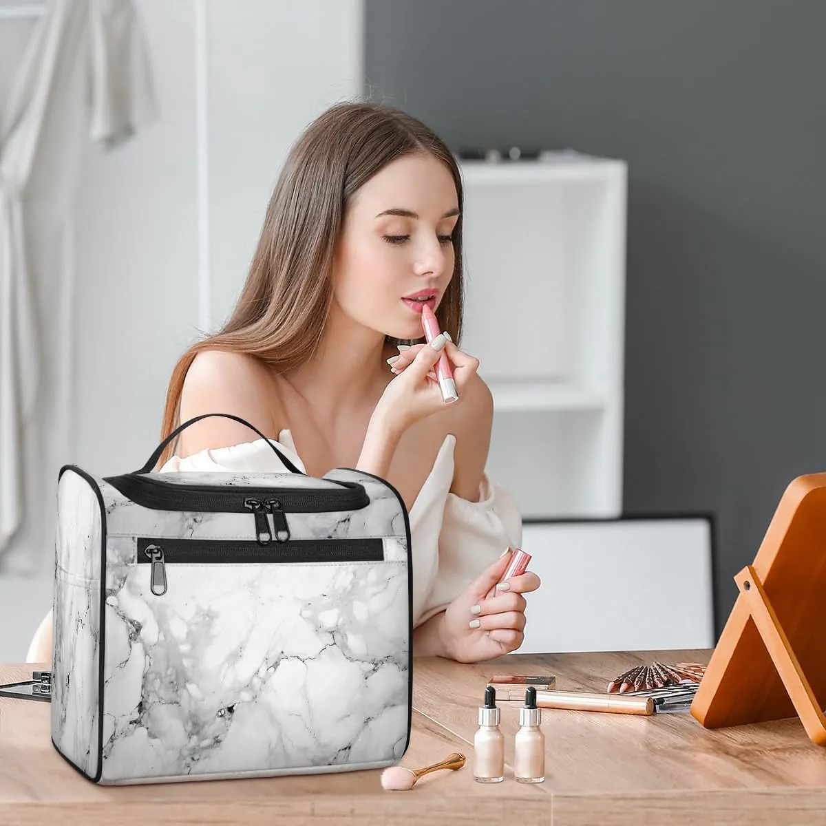 Marble Gray Travel Toiletry Bag for Men and Women, Large Hanging Makeup Bag Organizer Toiletries Bag for Travel, Cosmetic Bag with Handle