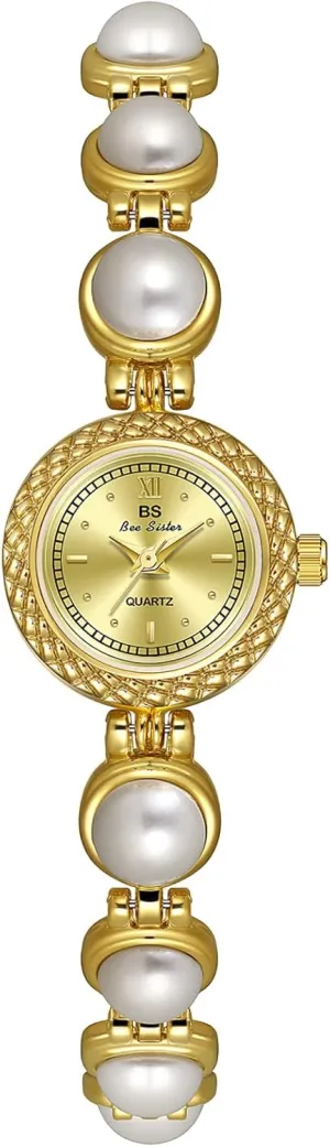 MASTOP Women's Dainty Pearl Bracelet Watch Elegant Quartz Analog Vintage Gold and Silver Watches Waterproof Wristwatch for Dress Party Christmas Gift