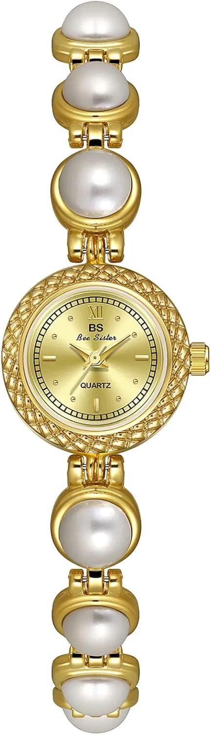 MASTOP Women's Dainty Pearl Bracelet Watch Elegant Quartz Analog Vintage Gold and Silver Watches Waterproof Wristwatch for Dress Party Christmas Gift