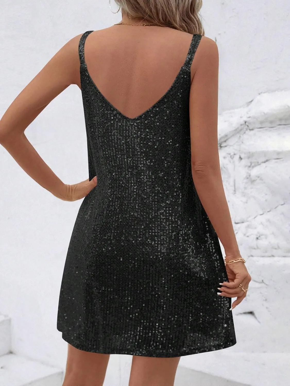 MATEKA Elegant Sequin V-Neck Sleeveless Cocktail Dress Summer Mini Club Party Dress Outfits