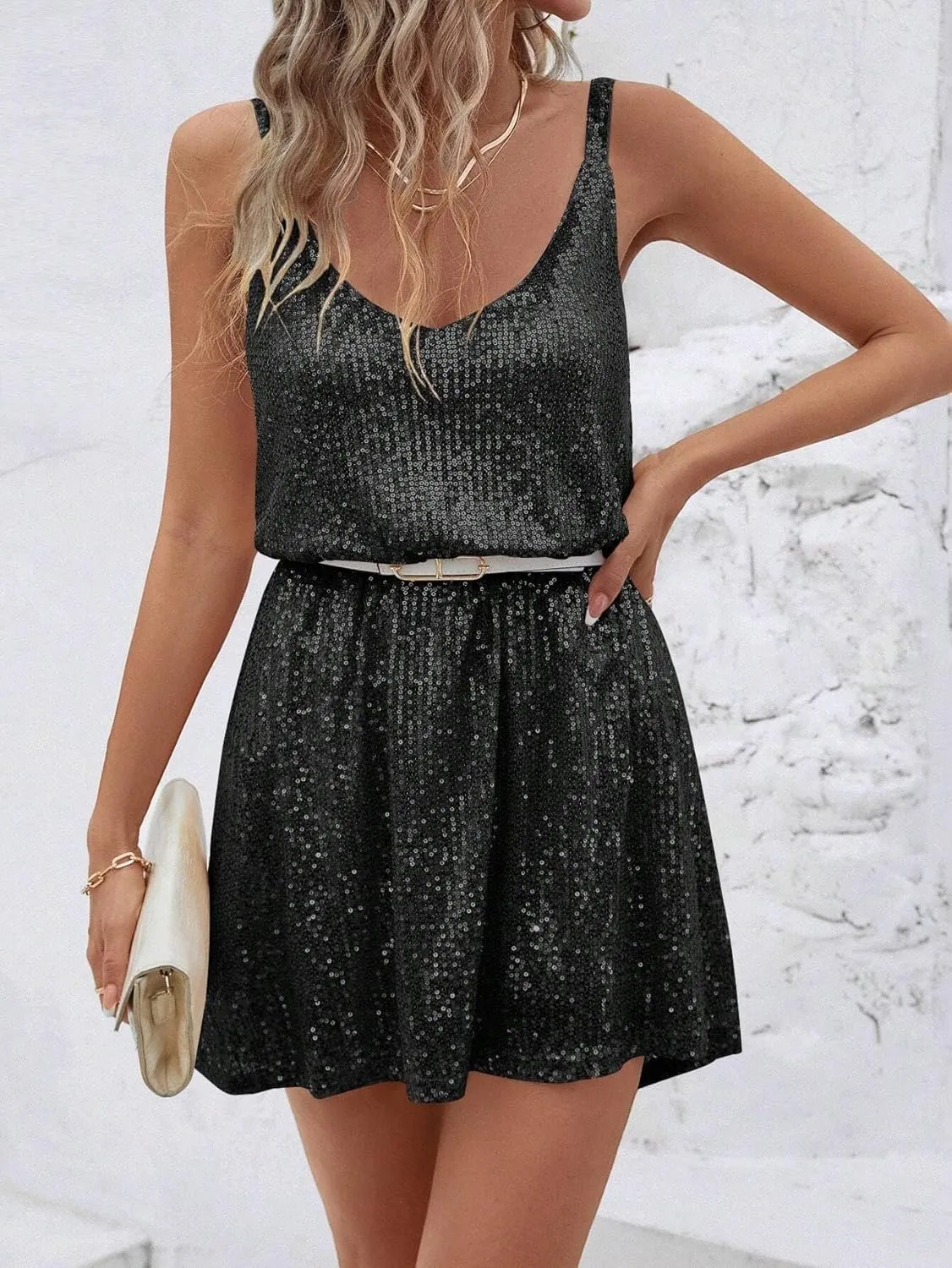 MATEKA Elegant Sequin V-Neck Sleeveless Cocktail Dress Summer Mini Club Party Dress Outfits
