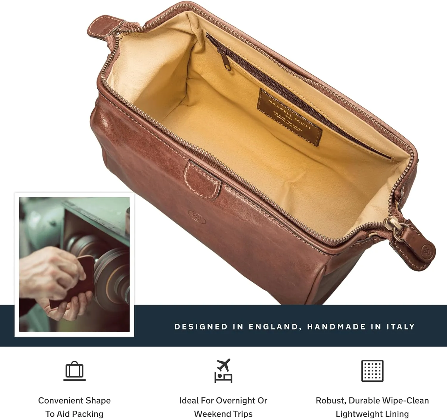 Maxwell Scott - Luxury Cow Leather Medium Toiletry Wash Bag for Men - Handmade in Italy - The Duno Medium Chestnut Tan