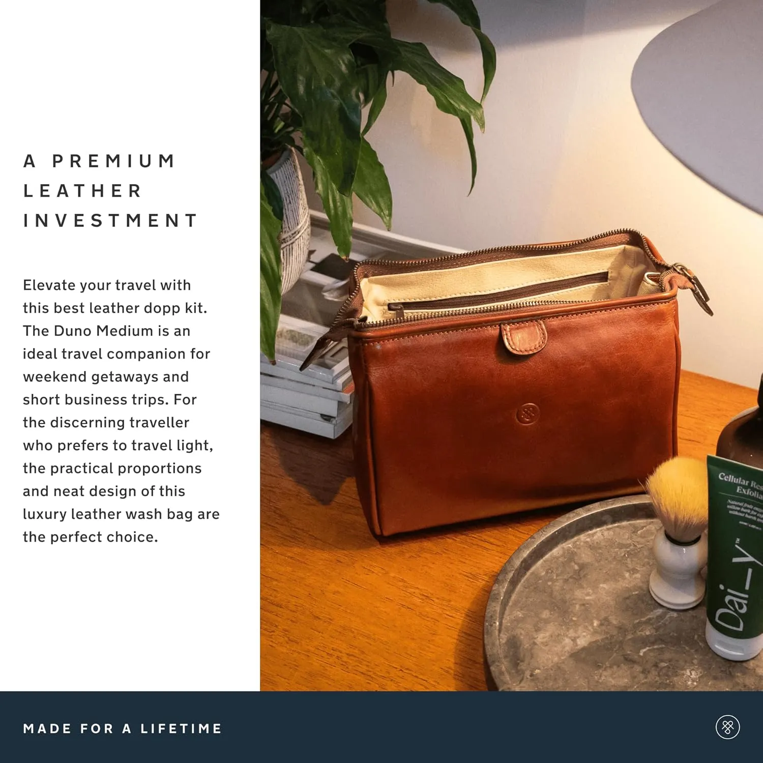Maxwell Scott - Luxury Cow Leather Medium Toiletry Wash Bag for Men - Handmade in Italy - The Duno Medium Chestnut Tan