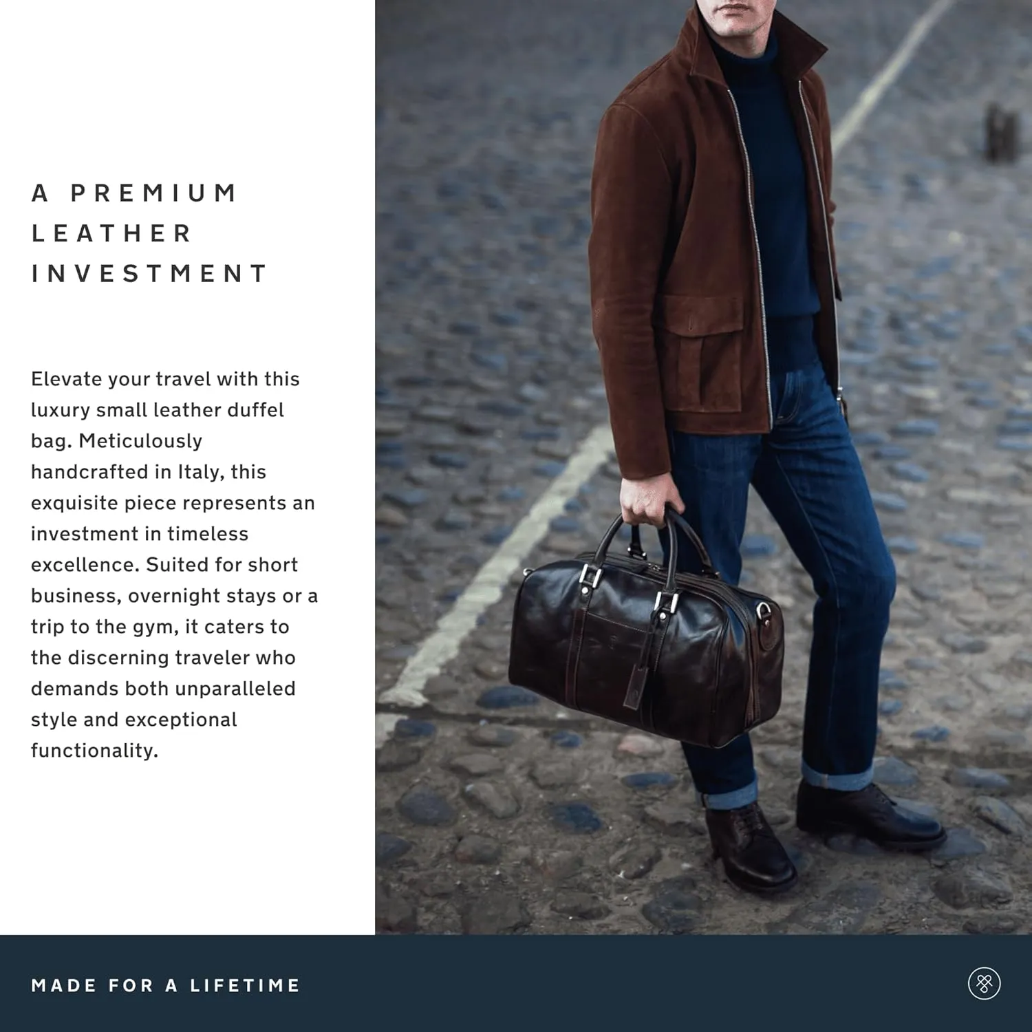 Maxwell Scott - Luxury Leather Small Duffle Bag for Men Women - Hand Luggage Size - Made in Italy - The FleroS Chestnut Tan