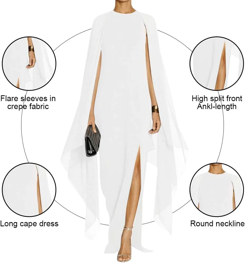 MAYFASEY Women's Elegant High Split Flare Sleeve Formal Evening Gowns Maxi Dress with Cape