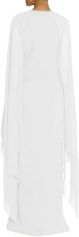 MAYFASEY Women's Elegant High Split Flare Sleeve Formal Evening Gowns Maxi Dress with Cape