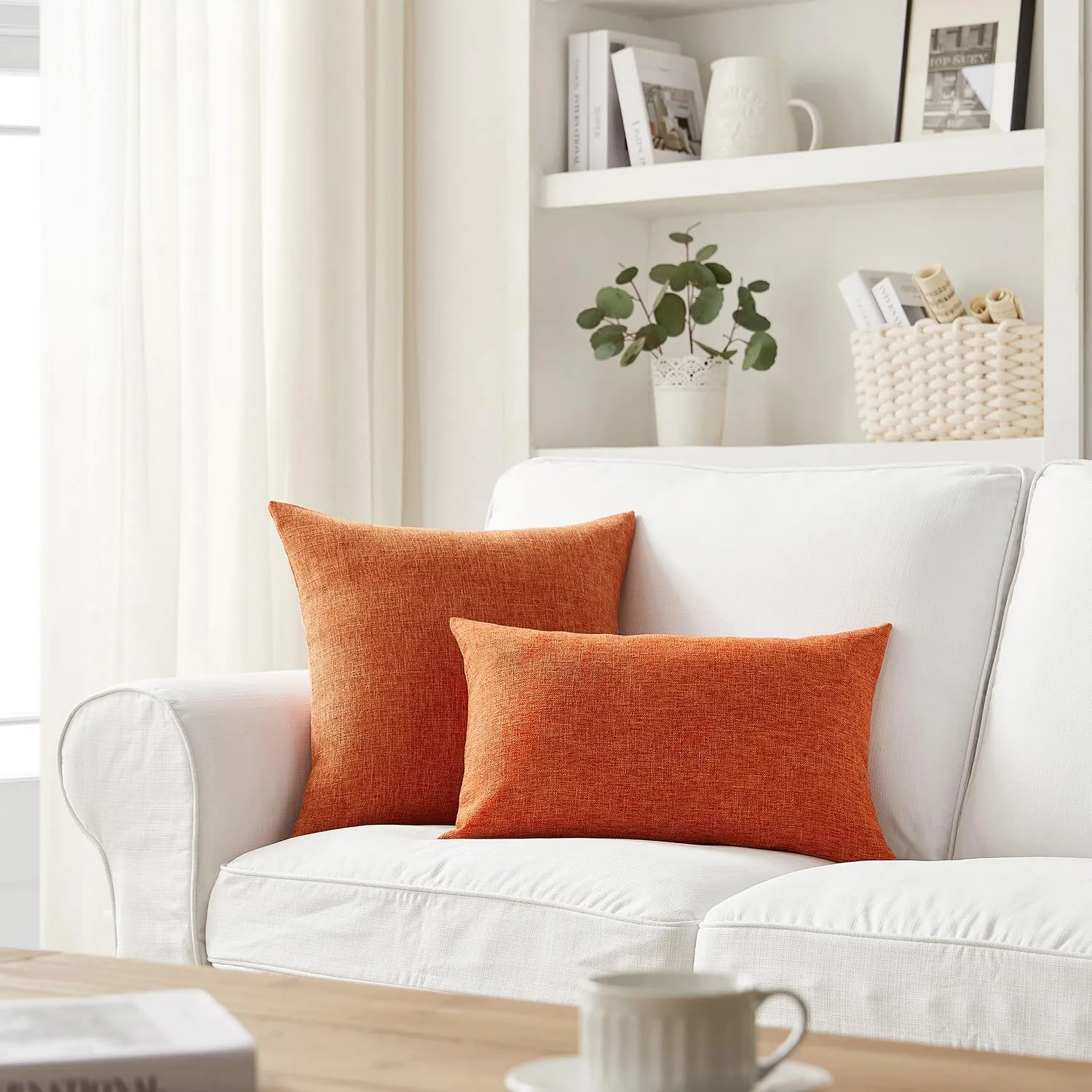 Meekio Set of 2 Fall Pillow Covers 20 x 20 Burnt Orange Pillow Covers Linen Cushion Covers Fall Decorations for Home