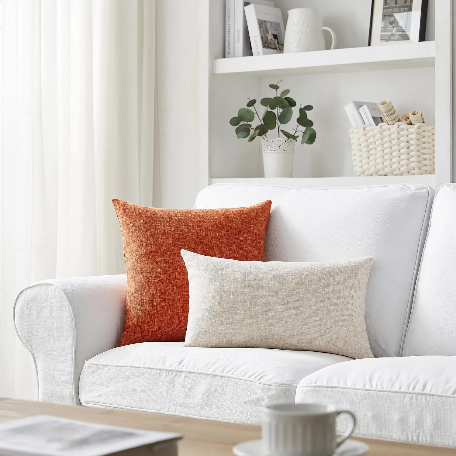 Meekio Set of 2 Fall Pillow Covers 20 x 20 Burnt Orange Pillow Covers Linen Cushion Covers Fall Decorations for Home